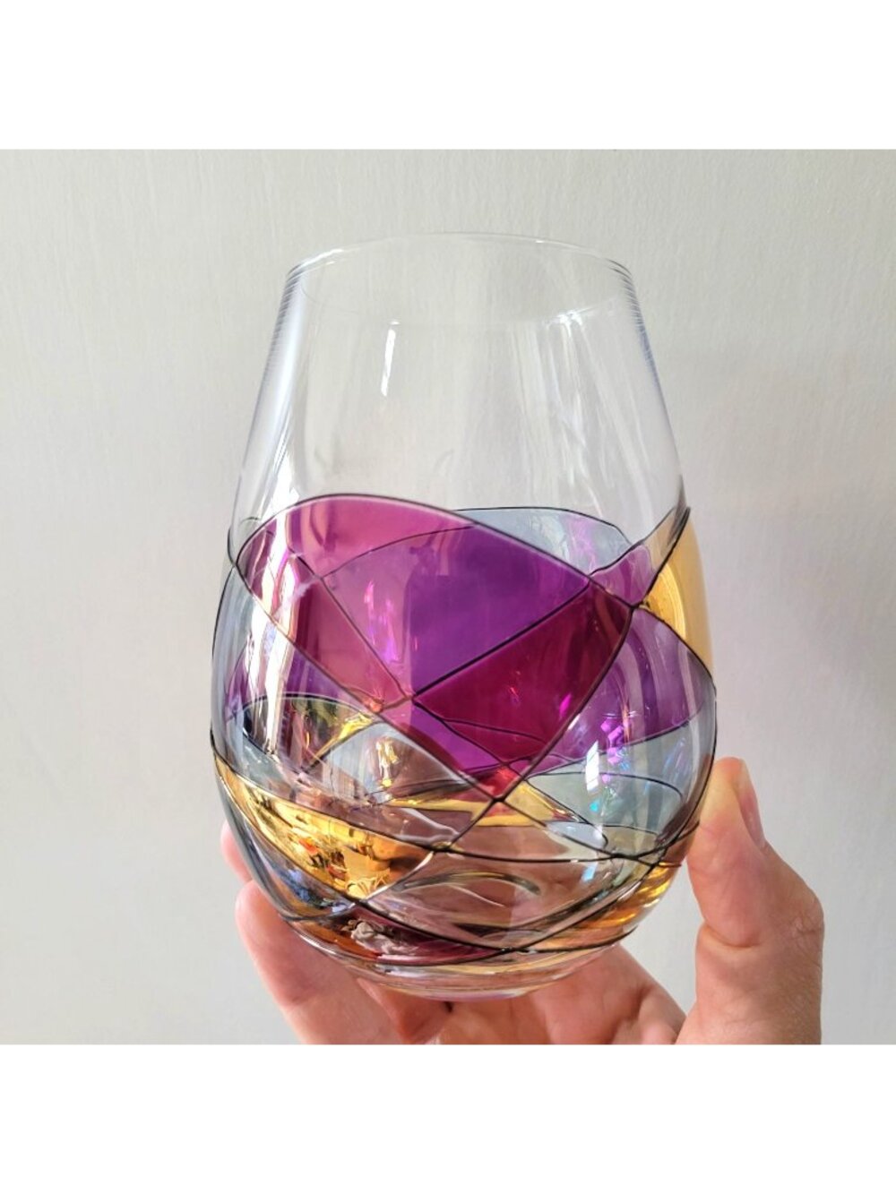 Cornet Barcelona Sagrada Handpainted Stemless Wine Glass Multicolor Geometric